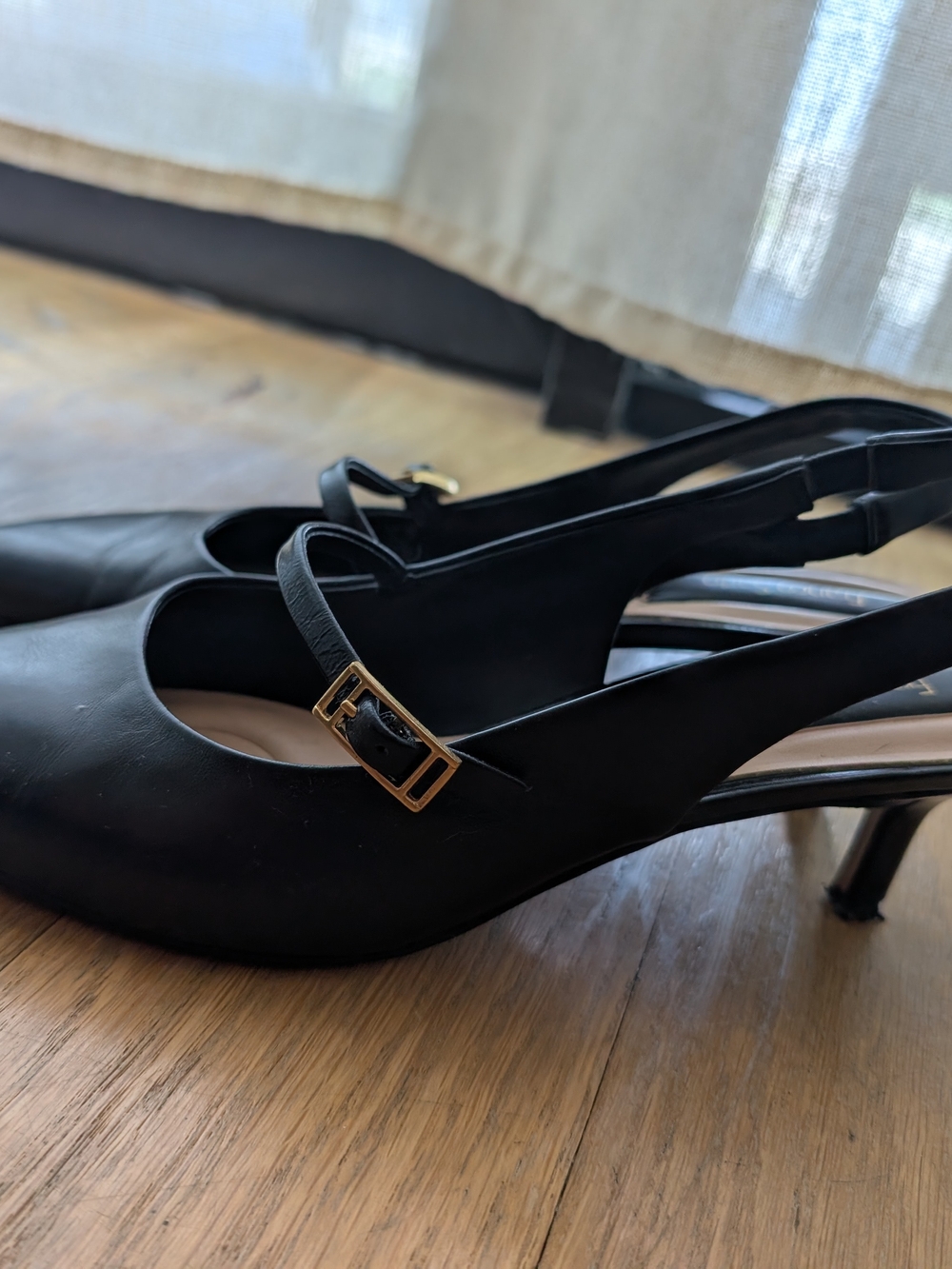 Franco Sarto Black Pointed Slingback Pumps with Gold Buckle - Picture 3 of 4